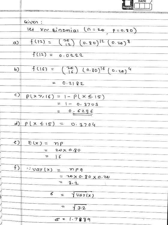 Given ! 14 Xe gio omial (n = Le, P = 0. 7 0) f(12) = (38) (0.80112 (0.2008 +(12) = 0.0222 f(16) = (0(0.80)16 (0.2014 = 0.2182