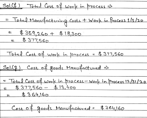 Sol(f) Total Cost of work in process Total Manuifacturing Costs + Work in Process 1/1/20 $ 359,260+ $18,300 $ 377560 Total Co