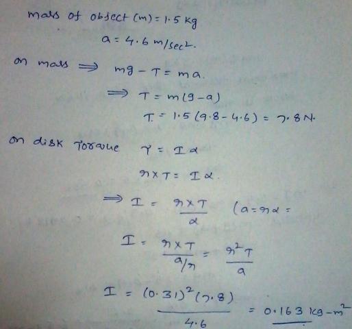 mass of object (m) = 1.5 kg a = 4.6 m/sect. on mass mg - T=ma. Tam 19-a) T. = 1.5 (9.8-4.6) = 7.8N. on disk Torque Y = I a XT