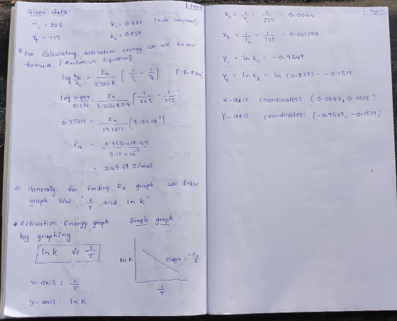 Given data: o Page 2 u but e ven K0.381 (rate constant T, = 995 z = 715 x = XzT 0.0044 ts = 0.001290 K = 0.859 1 715 = 0.001