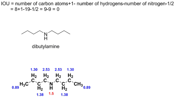 number of carbon atoms+1- number of hydrogens-number of nitrogen-1/2 8+1-19-1/2-9-9-0 IOU dibutylamine 1.30 2.53 2.53 1.30 30