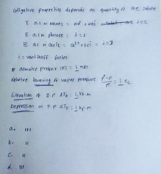 colligative properties depends on quantity of the solute I O.1 m NaNO3 - wat & nos rotator 1-2 0.1m glucose - is I O.l in cac