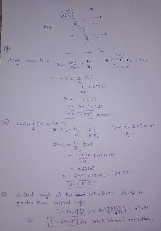 6529 249 laip Using Shelt law Sinc h = 1, haz 1.472 i = 65.2° yo sing - (6 sino = hi sini = I sin 1652) 1.472 sino = 0.6162 8
