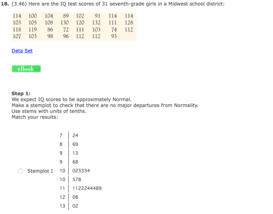 18. (3.46) Here are the IQ test scores of 31 seventh-grade girls in a Midwest school district: 14 100 104 89 102 91 114 114 103 105 108 130 120 132 128 118 119 8672 1 103 74 112 107 103 98 96 112 112 93 Data Set eBook Step 1: We expect IQ scores to be approximately Normal. Make a stemplot to check that there are no major departures from Normality. Use stems with units of tenths. Match your results: 7 24 913 9 68 Stemplot I 10 023334 10 578 11 1122244489 12 08 13 02