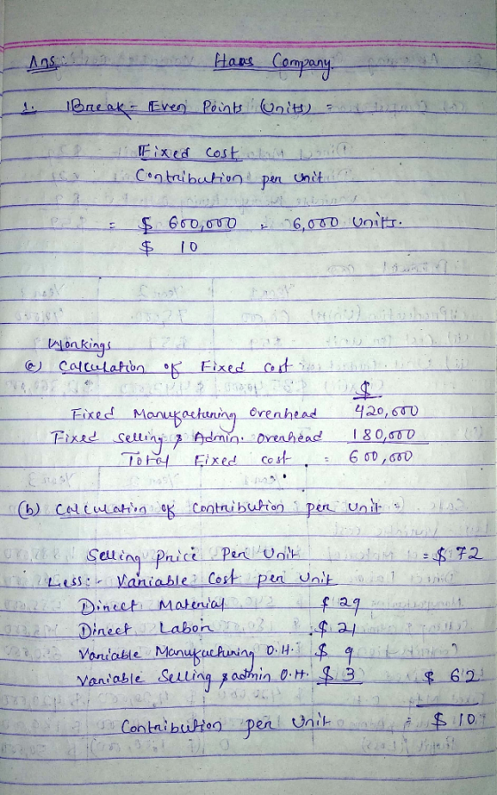 Hars Company Aas Bneak Even Pointsnit Fxed Cost t Contalbuutionpan unct S600,000 6,00 Unitr. in kings Calculaton Fixed Cot 2ం