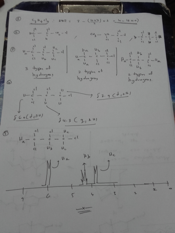 0 9H44 DE 3 (44) + 2 = 4 - 4 zo) - 4 la acadh dh C Ho He 1 3 - 5 type of hydragen, 2 typen of hydrogeny 2 types of hydrogens.