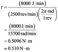 (8000 J/min)
2n rad
(2500 rev/min)
1 rev
(8000J/min)
15700 rad/min
= 0.5096 N.m
0.510N.m