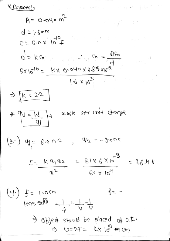 Answer! A= 0.040 m d = 16mm yo C-5.0 x 10 el Aco = k Co d 5x1610 - KX 0.040 X885x16/2 16 x 10 k = 2.2 work per anot change *