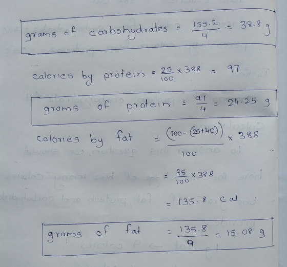 grams of carbohydrates = 155.2 e 39.89 calories by protein € 25 388 - 97 grams of protein = a1 = 24.25 g. calories by fat - (