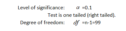 Level of significance: a =0.1 Test is one tailed (right tailed). Degree of freedom: df =n-1=99