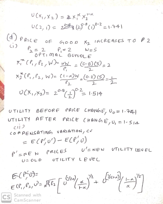 U(X,,X2) = 2X, MX** UC2, 1) = 232 (28(00:2=1.741 (d) PRICE OF GOOD ci) I ICE OF GOOD X₂ INCREASES TO P2 P=2 P=2 W=5 TOPTIMAL