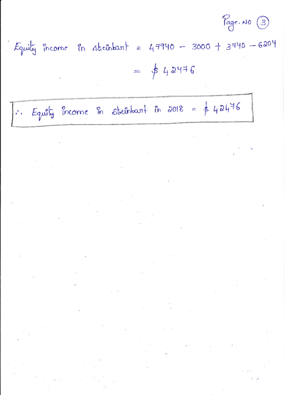 Page, No ③ Equity income in steinbart - 47940 - 3000 + 3740 - 6204 = $42446 1. Equily income in steinbart in 2018 = $42476