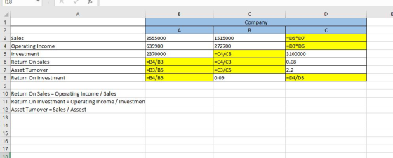 Company в A 3 Sales 4 Operating Income 5 Investment 6 Return On sales 7 Asset Turnover 8 Return On Investment 3555000 639900