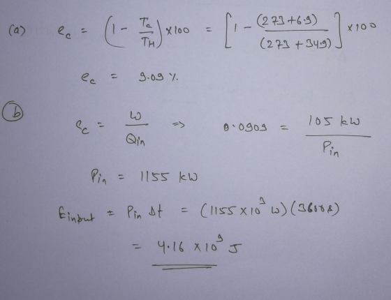 (273 +6.9) (a) x 100 X 100 (273 +34.9 J c = 9.09% n u - 0.090g = 105 kW Pin = 1155 kW Einput & Pin at = (1155 x 10 w) (36888)