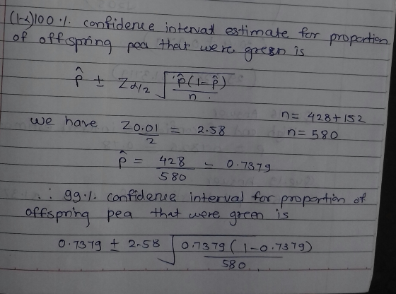 (1)100 /. confidence interat estimate for proportion of offspring pea that were green is PPCT_P) e + Z22 n we have 20.01 n= 4