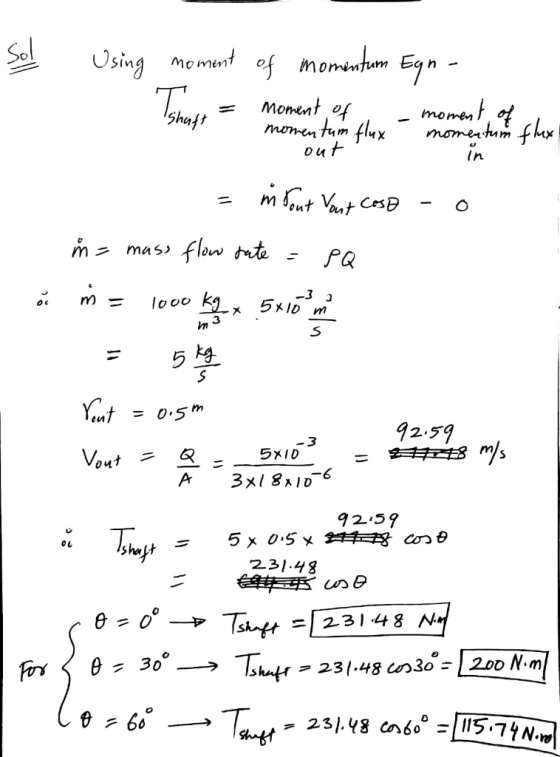 Sol Using moment of momentum Egn- Tome = Ishat moment of momentum flux moment of a momentum flux out - O = m Tout vout coso n
