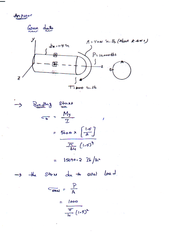 Answer Goven dat M=50w in. Ib (About Zona) dia=.5 in - P=10,000lbs --t he of z/ 4 Терео Фо. 16 → Bending Stress My I = 5000 x