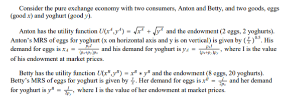 Consider the pure exchange economy with two consumers, Anton and Betty, and two goods, eggs (good r) and yoghurt (good y). An