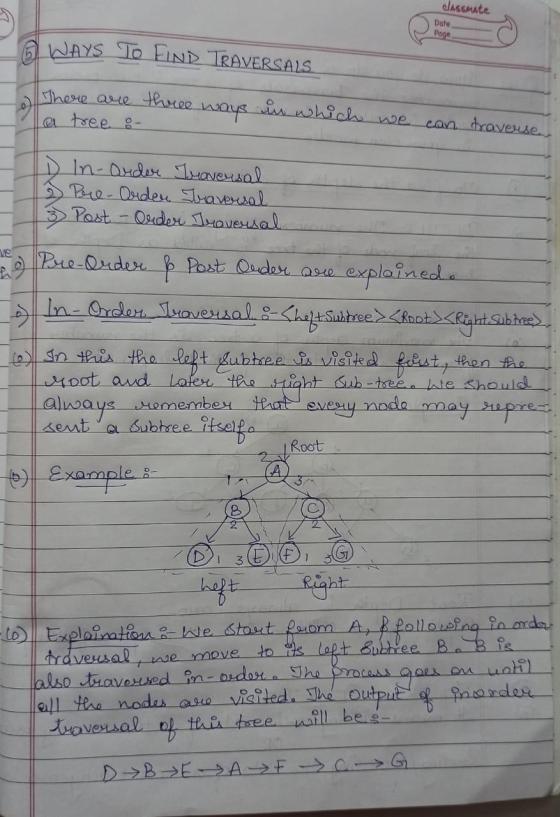 classmate Date Page o WAYS TO FIND TRAVERSALS There are three ways in which we a tree o can traverse ID In-arder Traversal 2