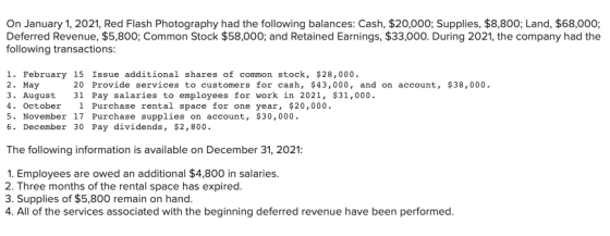 On January 1, 2021, Red Flash Photography had the following balances: Cash, $20,000; Supplies, $8,800; Land, $68,000; Deferre