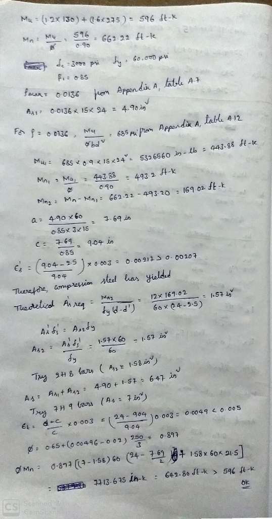 0.90 Mu (12x 130 ) + 16x975) 596 ft- Ma: M. 546662.92 ft-k de = 3oos pai tig: 60.000 px $. : 085 smar= 0.0136 from Appendix A