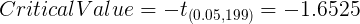 \large Critical Value =- t_{\left(0.05,199\right)} = -1.6525