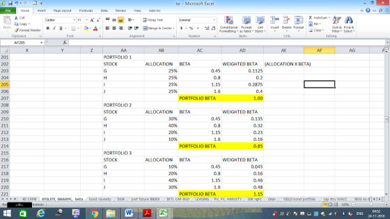 ke Microsoft Excel Home nert Page Layout Formulas Data Review View dd-Ins Cut E AutoSum ー E ゴWrap Text ta copy ▼ в 1 프 . Ej-., Δ. : rーー 逻锂函Merge & Center. $, % , 弼,8 C Conditional Format CeInsert Delete Format Formatting as Table Styles2 Clear Sort &Find & Format Painter Clipboard Alignment Number Edting AF205 AB AD AE AG 201 202 203 204 205 206 207 208 209 210 211 212 213 214 215 216 217 218 219 220 221 4KE CAPM UTILITY, SHARPE, beta bond c PORTFOLIO 1 STOCK ALLOCATION BETA WEIGHTED BETA (ALLOCATION X BETA) 25% 25% 25% 25% 0.1125 0.45 0.8 1.15 0.2875 ORTFOLIO BETA PORTFOLIO 2 STOCK ALLOCATION BETA WEIGHTED BETA 0.45 0.8 1.15 1.6 0.135 0.32 0.23 0.16 0.85 0% 10% ORTFOLIO BETA PORTFOLIO 3 STOCK ALLOCATION BETA WEIGHTED BETA 10% 0% 0.45 0.8 1.15 0.045 0.16 0.46 0.48 PORTFOLIO BETA M port future INDEX INTL CAP BUD LEASING PV. FV, ANNUITY DIR nghtcleanYIELD bond stru WACC RES1 ex di 福 12096 04:52 24-11-2018