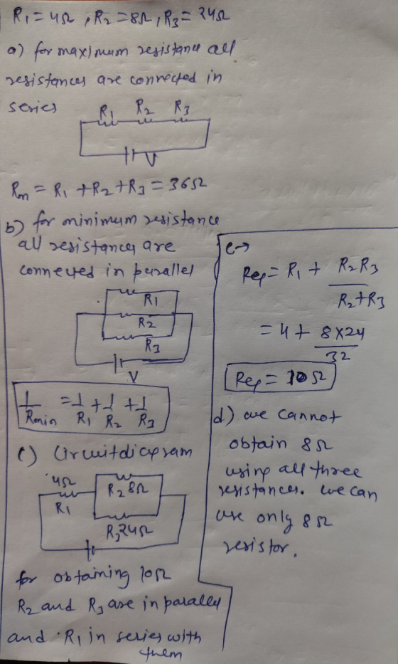 Rius, R2 =85, R₂ = 2452 a) for maximum resistance all resistances are connected in series R2 R3 Rep-Rit R2 R3 Rex=100 Roma Ri