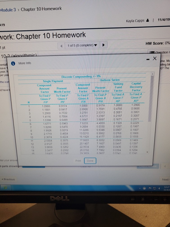 Module 3> Chapter 10 Homework Kayla Capps& 11/4/19 19 work: Chapter 10 Homework HW Score: 0% 1 of 5 (0 complete) 1 pt Ouestio