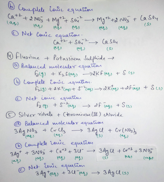 (3) 3 cars (6) Complete cous equation Cat2 + 2NO3 + Mg + 2 sou2 Mg +2 +2 NO3 + (a sou lar) as ar ars ar cars ③ Net louic equa