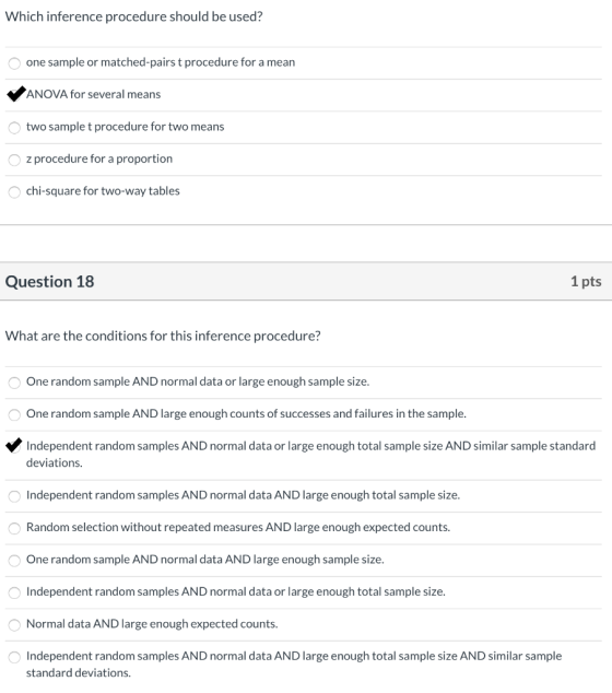Which inference procedure should be used? one sample or matched-pairs t procedure for a mean ANOVA for several means two samp