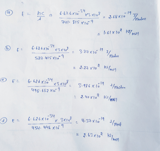 34 on 6 E= hc + 6.626 X10 X3 X108 - 2.68x10 19 7411 815 8109 = 1.61 x 10² K/mor D ti 6.626 X10**X3x109. 3.72 x70 Webster 52