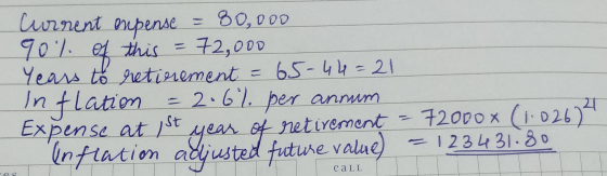 Current enpense = 80,000 90% of this = 72,000 Years to retirement = 65-44=21 Inflation = 2.6% per annum Expense at 1st year o