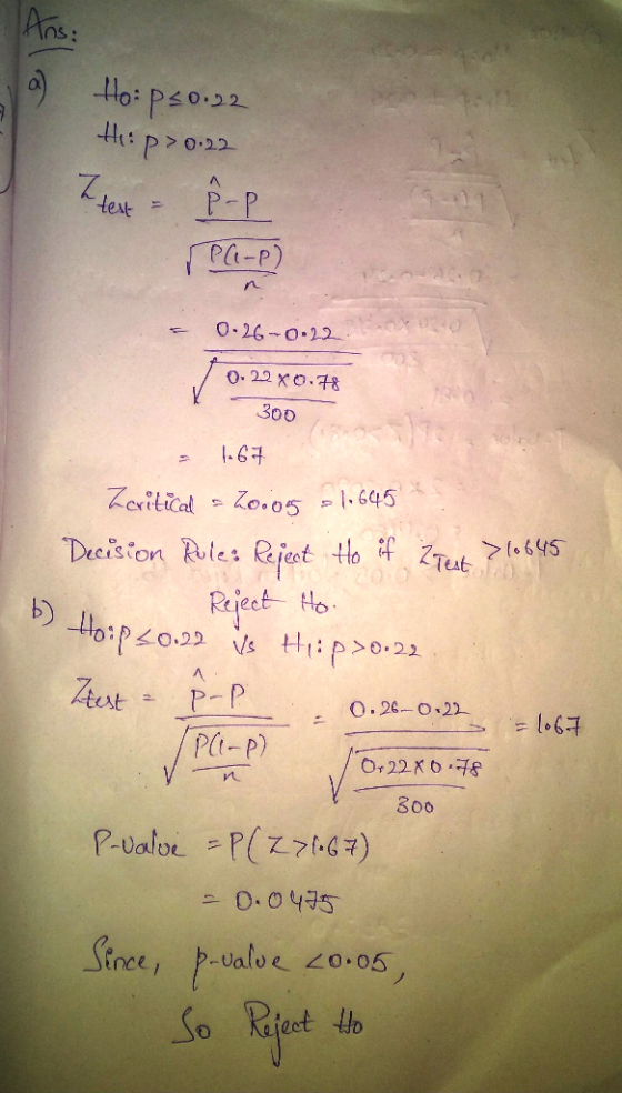 Ans: Hoi peo.2 P teat 1 Pl-P 0 26 O.22 0.22 xO.78 300 -67 - 645 ZiticalZo.o5 Tut.645 Decision Rules Rjest to A0 Rejecet Ho Ho