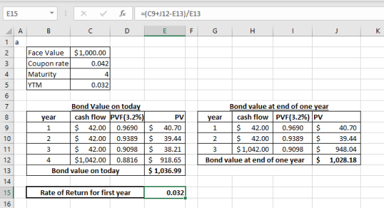 E15 f(C9+J12-E13)/E13 2 Face Value$1,000.00 Coupon rate Maturit YTM 0.042 4 0.032 4 Bond Value on toda Bond value at end of o