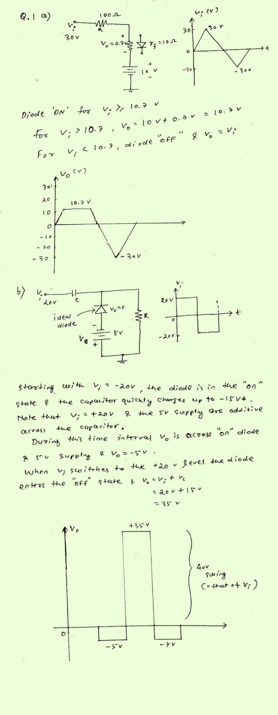 Q. I c) 1002 (۷) :ها wh R 3of 30 v 30v 10. V-0.74 o -30 - 30V ON for vi Diode Vy 10.7 =10v+0. av For vi V> 10.7 < loot, dio