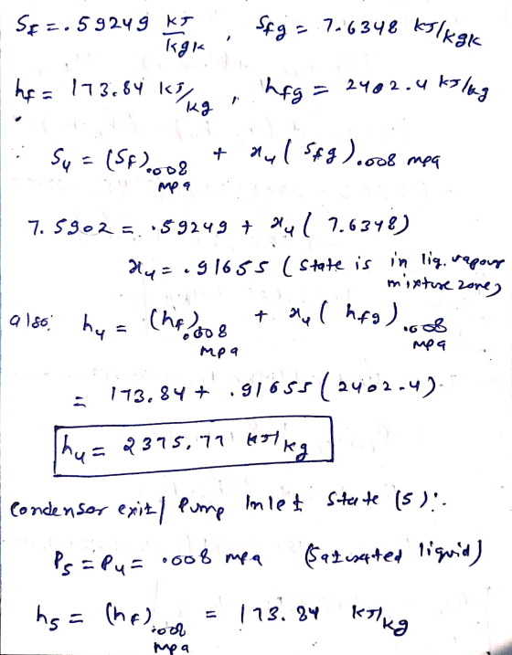 St=.5924 g KS kgk Sfg = 726348 Kilk gk hf = 113.84 KB/Kg hag = 2402.4 kJ/kg Sy = (SF).col + Hy ( 58g)..os 008 mea ме * 7.5902