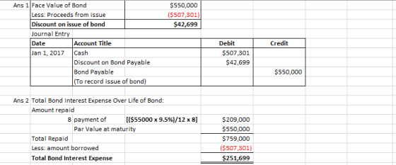 $550,000 ($507,301) $42,699 Ans 1 Face Value of Bond Less: Proceeds from issue Discount on issue of bond Journal Entry Date A