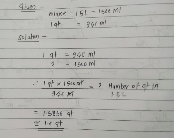 Given - volume - 1.5L = 1500 ml - lat = 946 ml solution - I at 2 = 946 m/ = 1500 ml D i lat x 1500ml = 2 946 m. Number of at
