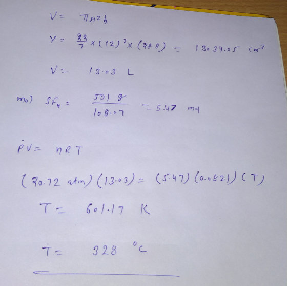 T12 b. 2 (12) 2x (28. 8) – 13034.05 cm3 - 13.03 L mo) SF, = 55 g log. a 7 -- 5.47 my PV = nRT (20.12 atm) (13.03) = (5:47) (6