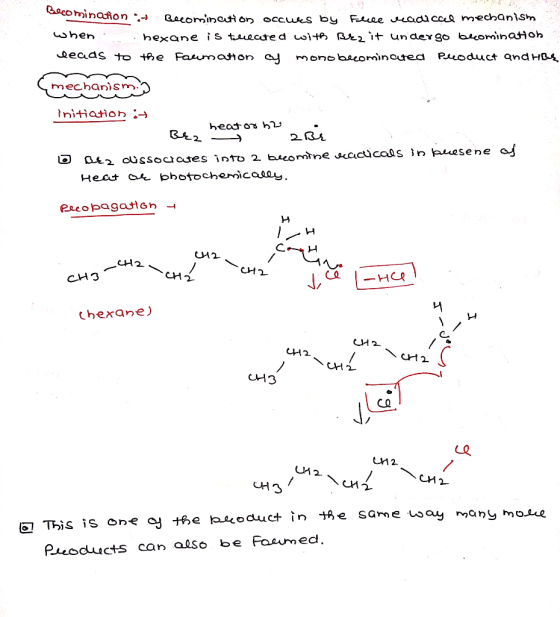 acomination - Becomination occues by Filce vadicaal mechanism when hexane is treated with Brz it undergo becomination leads t