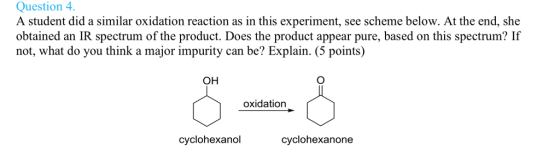 Question 4. A student did a similar oxidation reaction as in this experiment, see scheme below. At the end, she obtained an IR spectrum of the product. Does the product appear pure, based on this spectrum? If not, what do you think a major impurity can be? Explain. (5 points) OH oxidation cyclohexanol cyclohexanone