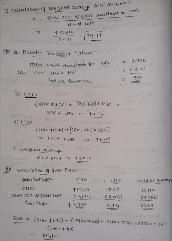 sale 1) calculation of weighted average cost per unit » Total cost of goods available for Nou of units Period $ 12,012 2,730