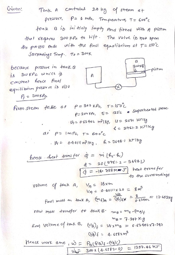 Criveni Tank A contains 20kg of steam at pressure, p= 1 mpo, Temperature, T = 600°c tank Bid initicly impty and fitted with A