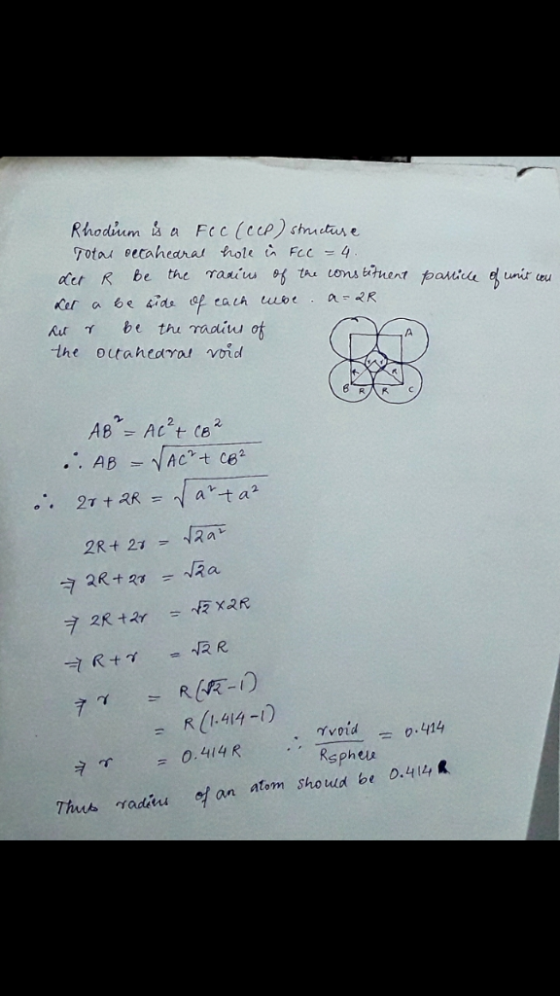 atcr R be the raa R(I.414- 큐Y =0.414 R Rspheu Thus radiu of an atom shorud be o.414