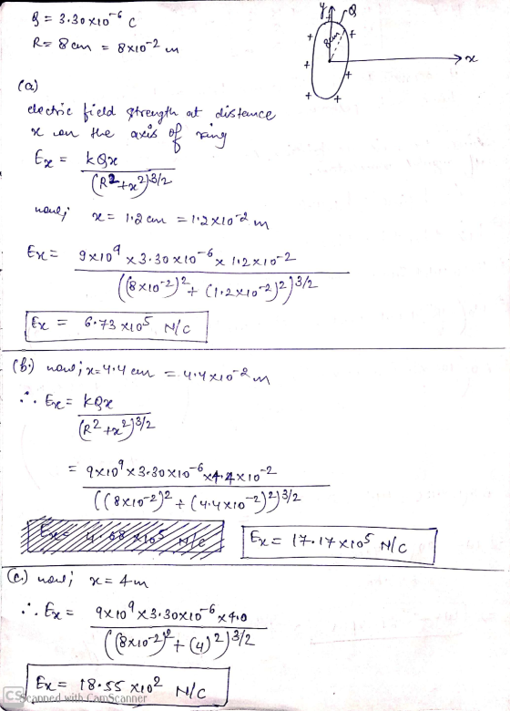 ХА В = 3.3oxo Re8an = + 8xto-2 9 2 + + + + (a.) electric field strength at distance se on the axis of ring Ex = kgx R2, 2)3/n