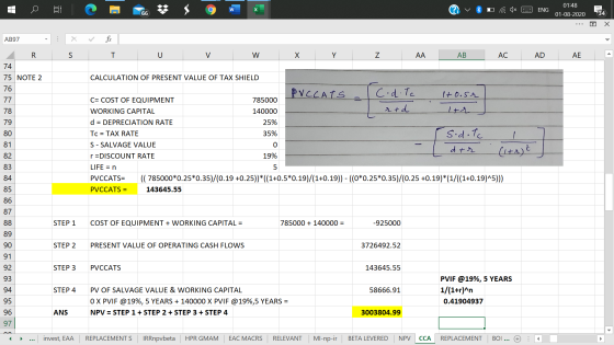 C w ENG 01:48 01-08-2020 66 34 Х AB97 . R S T U V W Х Y Z АА AB AC AD AE 74 CALCULATION OF PRESENT VALUE OF TAX SHIELD 75 NOT