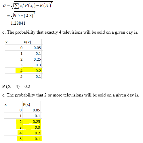 O=VEx?P(x)=E(X) = 29.5-(2.8) = 1.28841 d. The probability that exactly 4 televisions will be sold on a given day is, 3 P(x) 0