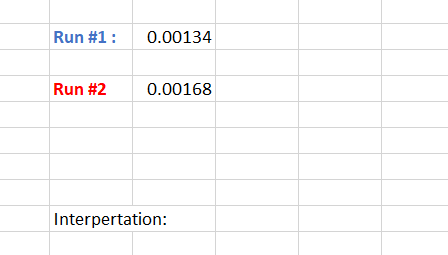 Run #1 : 0.00134 Run #2 0.00168 Interpertation: