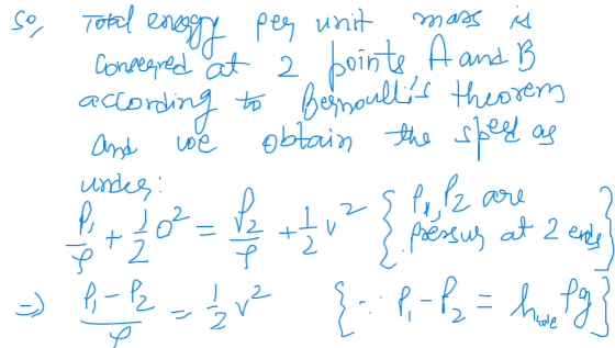 Total energy peeg unit mass is Consered at 2 points. A and B according to Bernoullis theorem and we obtain the speed as unde